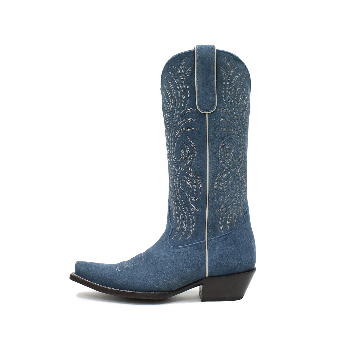 Blue Faux Suede Snip-Toe Western Embroidery Mid Calf Cowgirl Boots