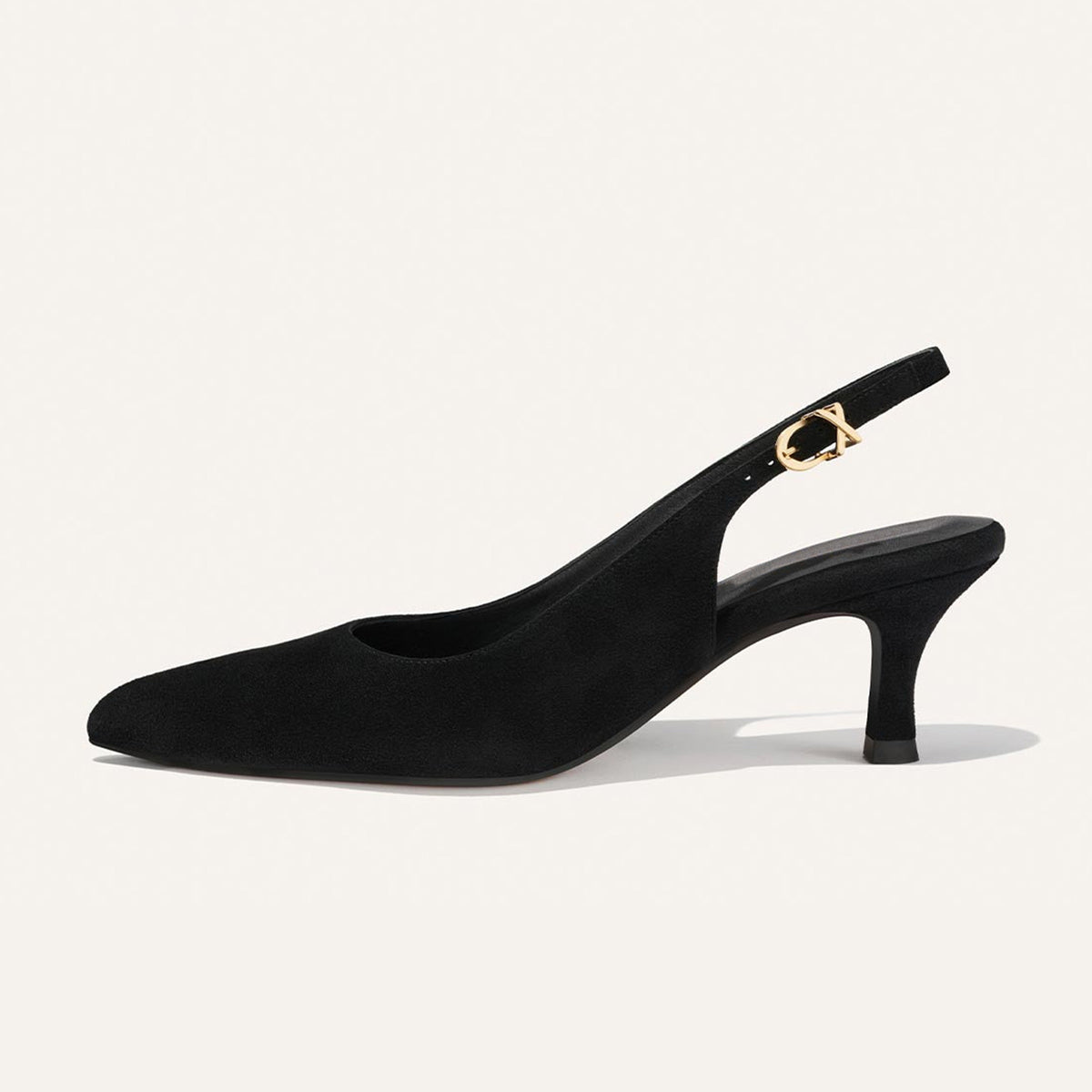 Black Sleek Faux Suede Pointed-Toe Chic Back Strap Kitten Heels
