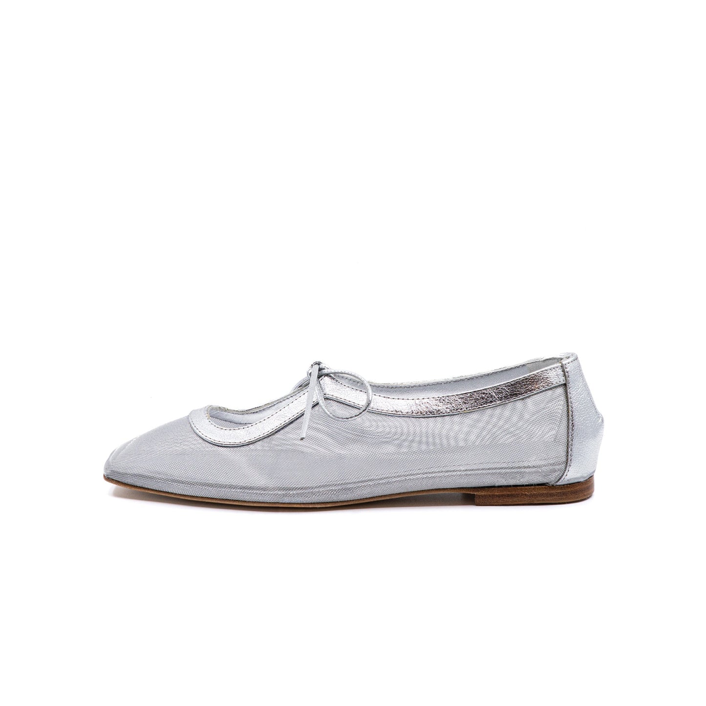 Metallic Silver Mesh Square-Toe Bow-Tied Vamp Strap Flats