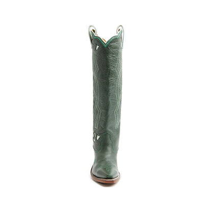 Green Snip-Toe Embroidery And Floral Inlay Wide Calf Knee High Cowgirl Boots