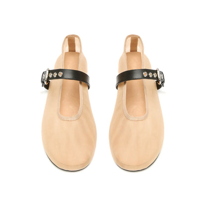Nude Mesh Round-Toe Ballet Flats With Bridge Strap