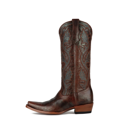 Cognac Snip-Toe Turquoise Plant Embroidery Mid Calf Cowgirl Boots