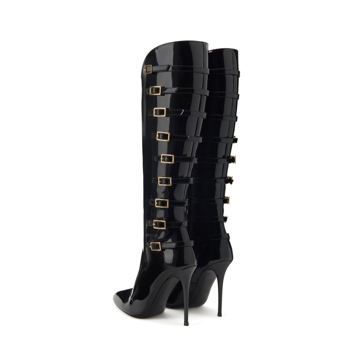 Patent Black Pointed-Toe Back Buckle Straps Full-Zip Knee High Stiletto Boots