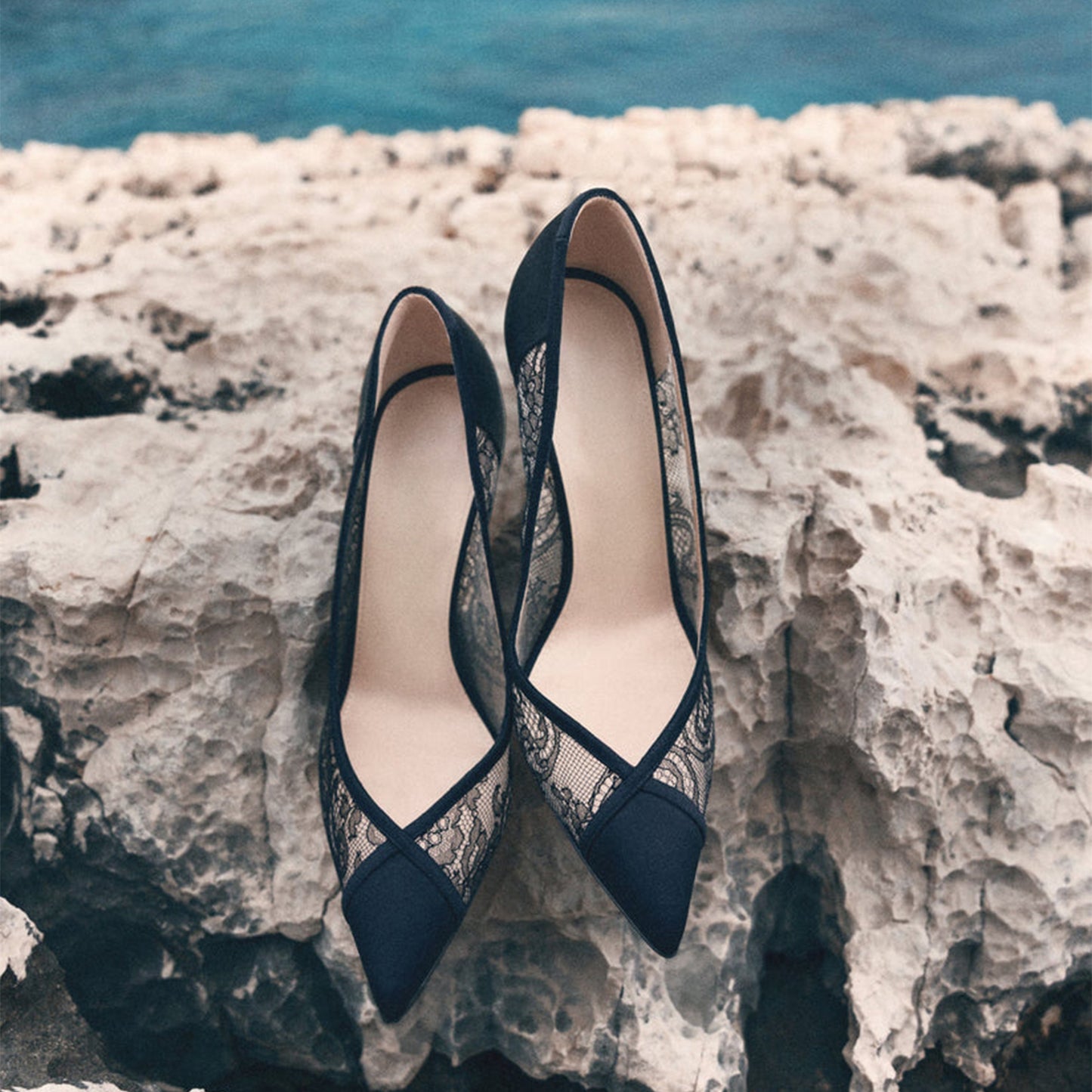 Black Lace Mesh And Satin Pointed-Toe Slip-On Classic High Heels
