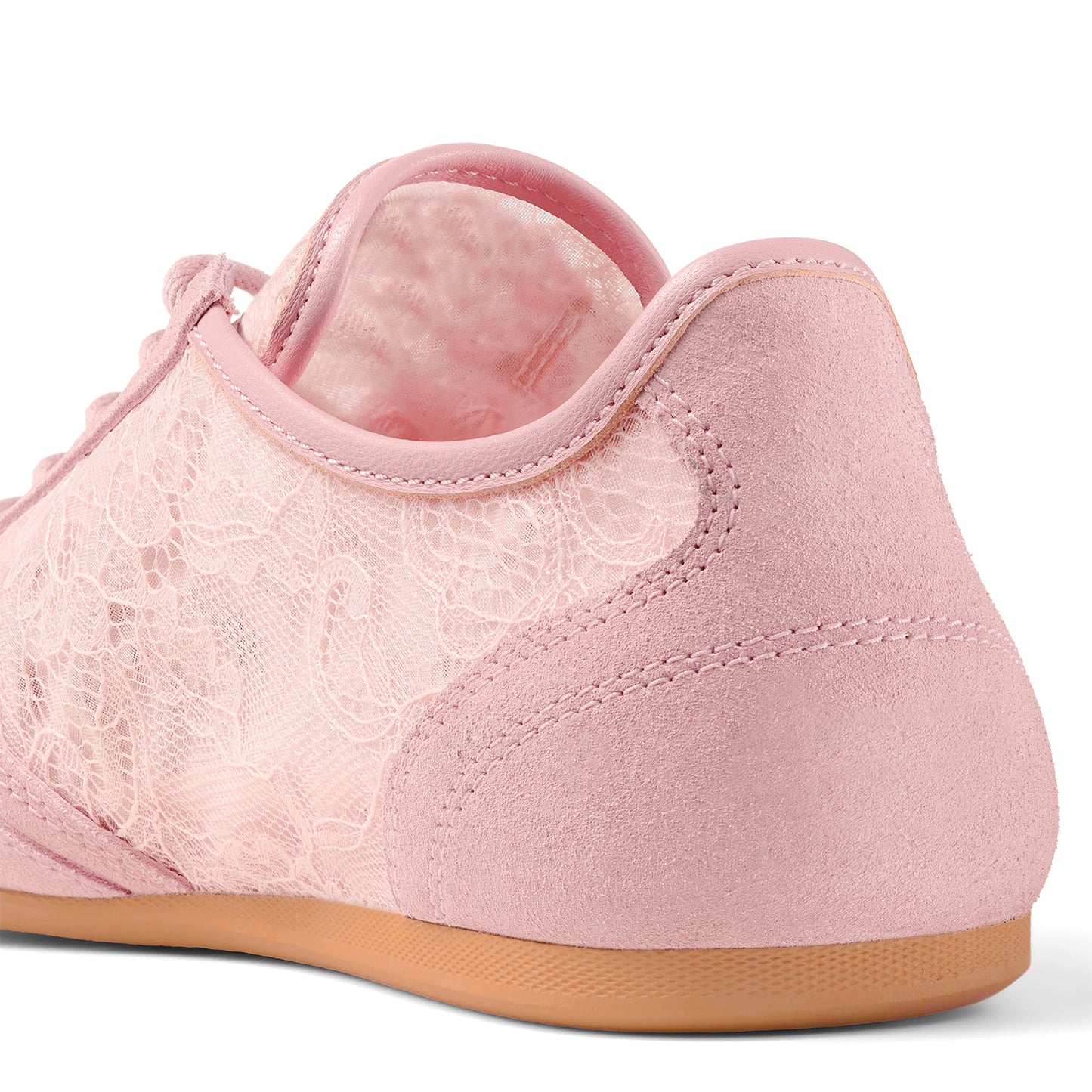Blush Pink Faux Suede And Lace Mesh Round-Toe Lace-Up Sneakers Flats