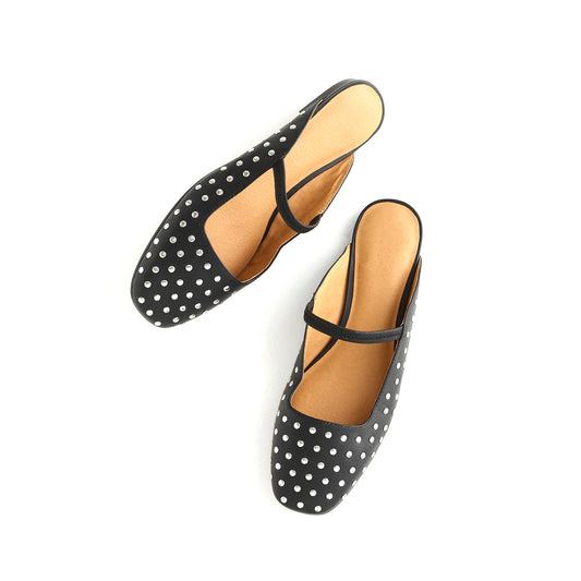 Black Square-Toe Bridge Strap Studded Slip-On Flats