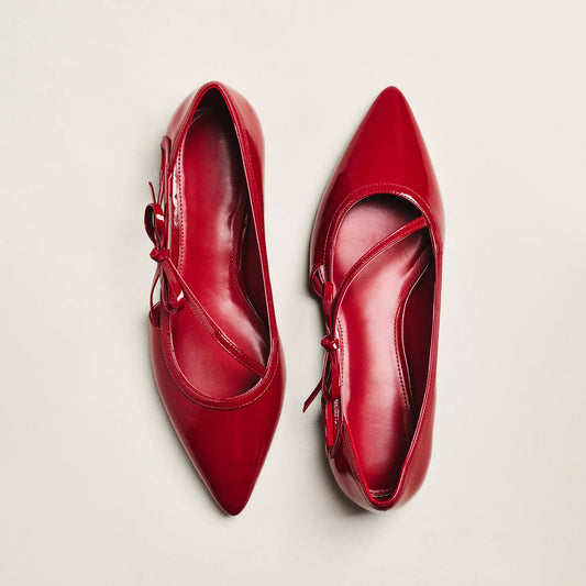 Red Patent Leather Pointed-Toe Side-Strap Bow Flats