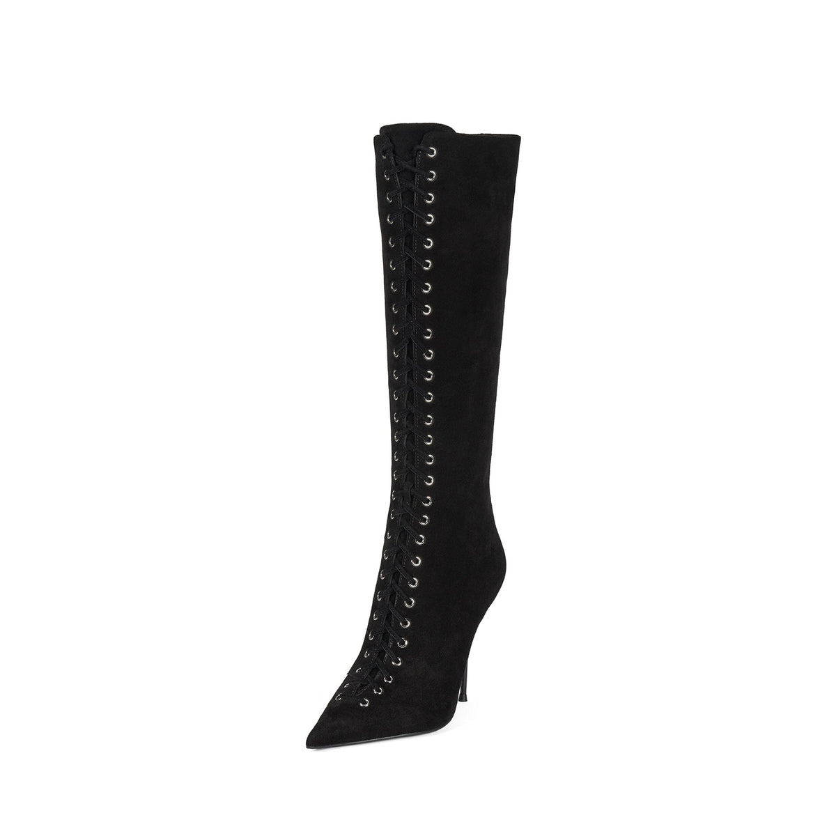 Black Faux Suede Pointed-Toe Front Lace-Up Half-Zip Chic Knee High Stiletto Boots