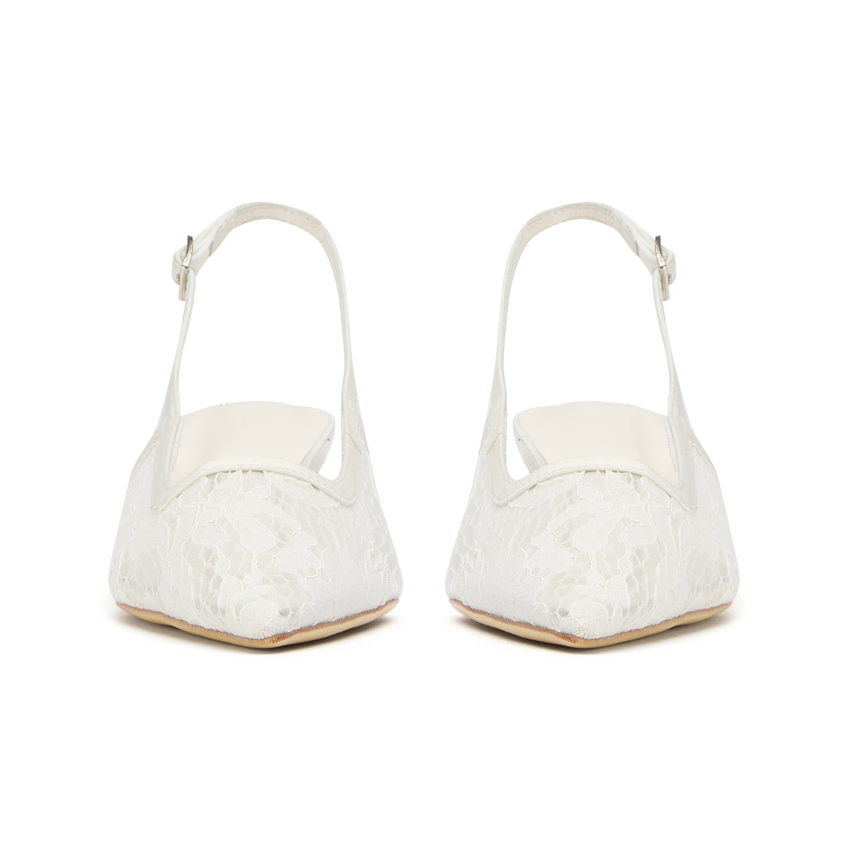 Chic Pointed-Toe Buckle Slingback Kitten Heels - Ivory Lace Mesh And Satin