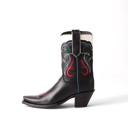 Contrast Black And White Snip-Toe Inlays Ankle Cowgirl Boots