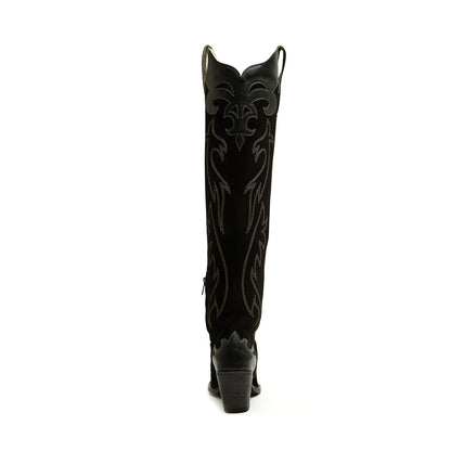 Black Faux Suede Round-Toe Half-Zip Embroidery Tall Knee High Cowgirl Boots