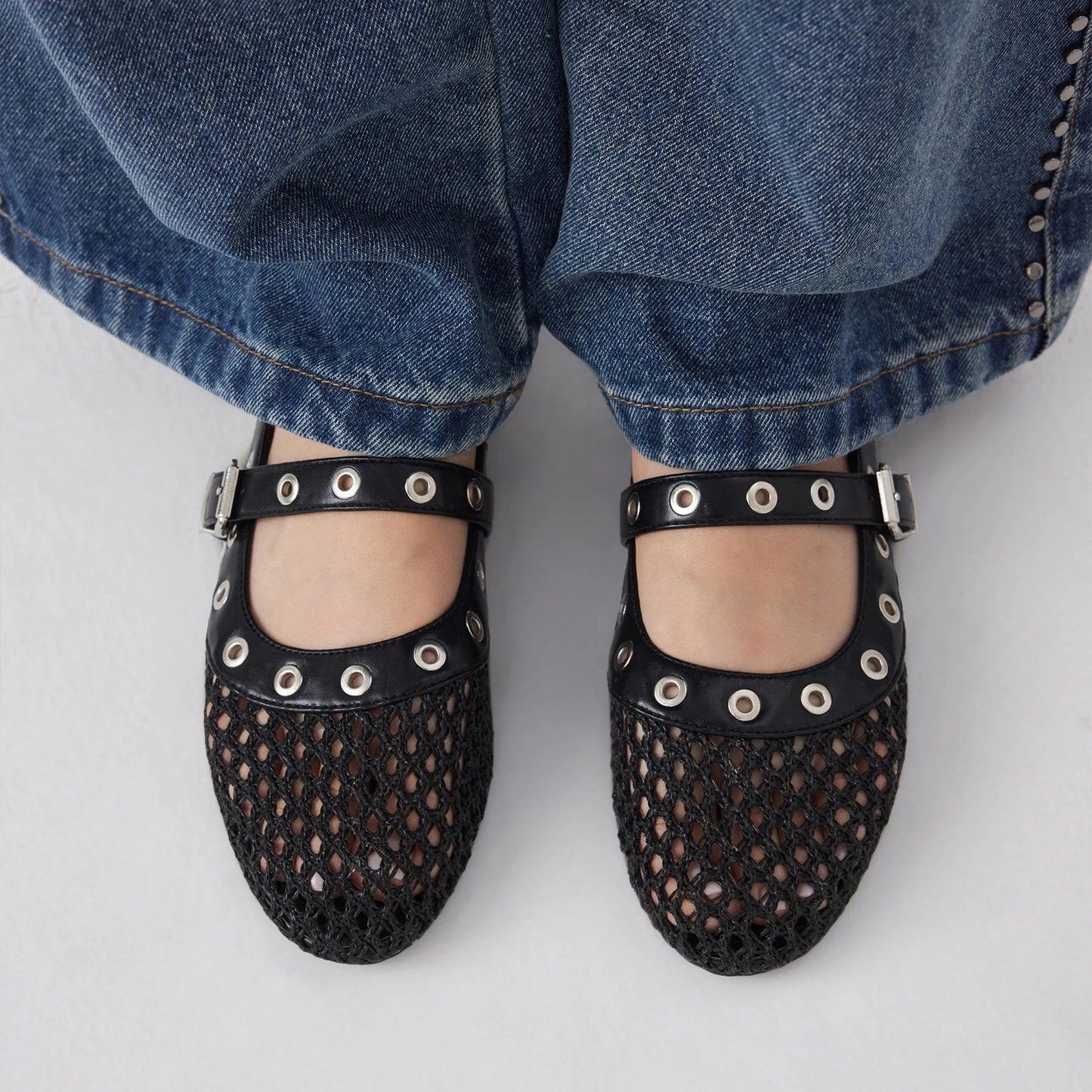 Black Woven Mesh And Vegan Leather Round-Toe Eyelets Mary Jane Flats