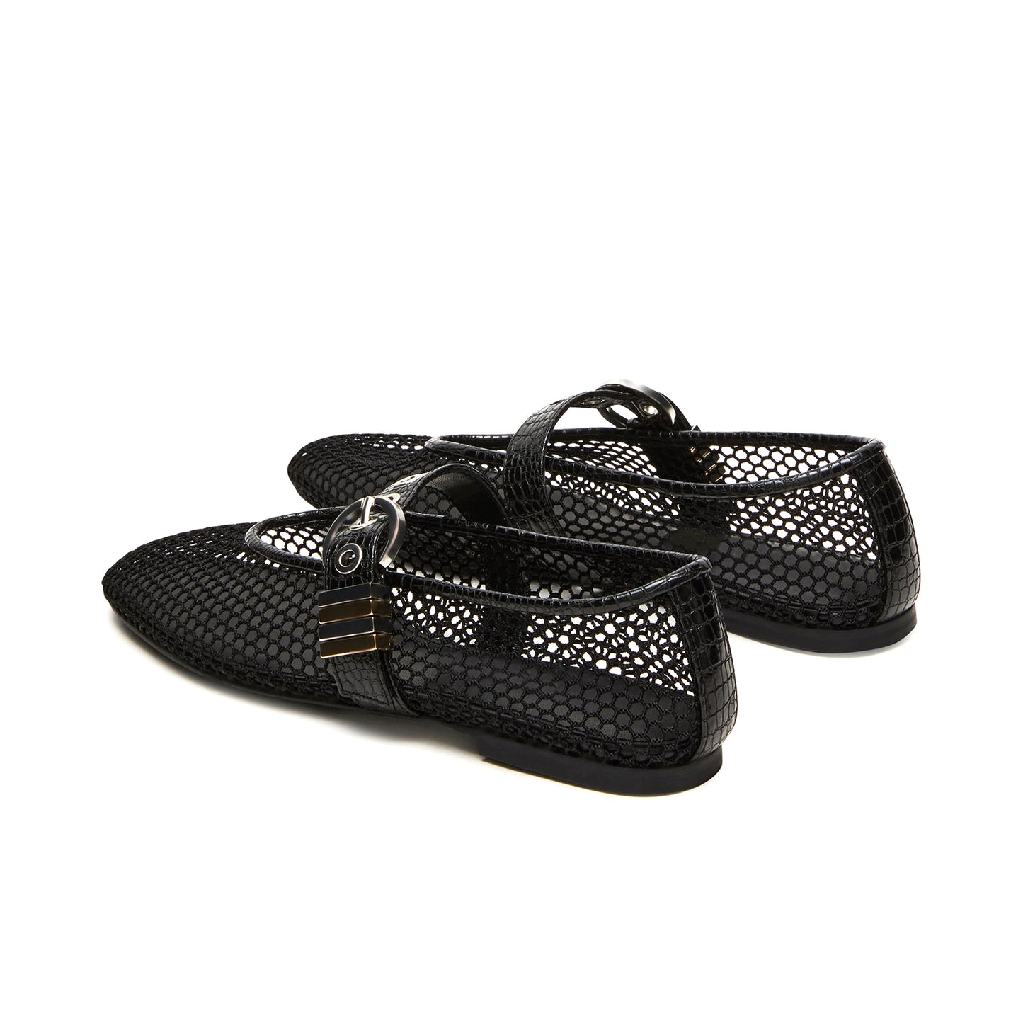 Black Mesh Round-Toe Crocodile Print Bridge Strap Ballet Flats