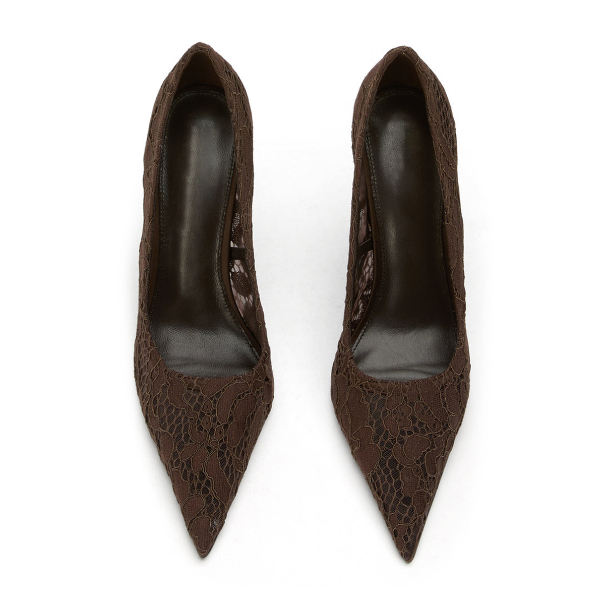Chocolate Lace Mesh Pointed-Toe Slip-On High Heels Pumps