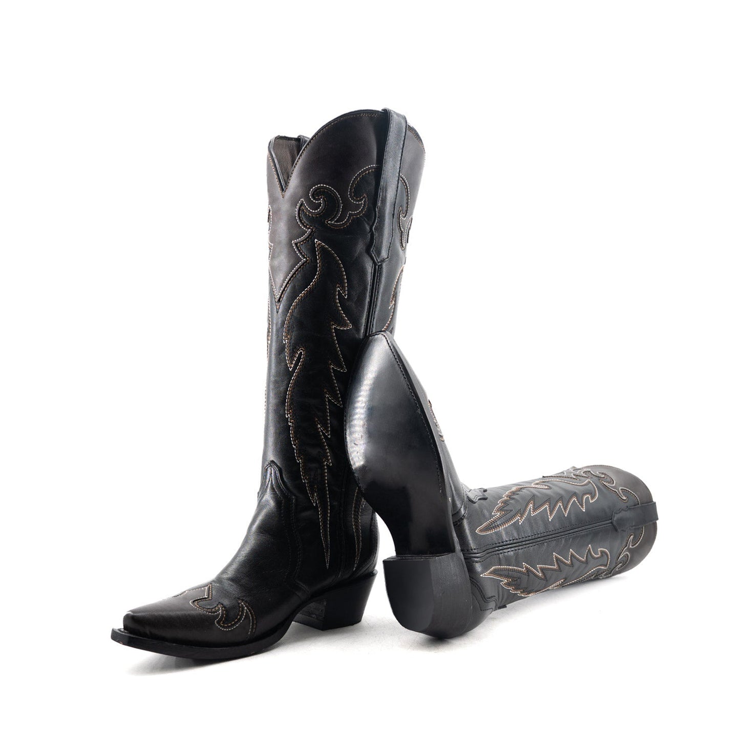 Black Snip-Toe Stylish Embroidery Wide Calf Classic Knee High Cowgirl Boots