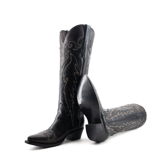 Black Snip-Toe Stylish Embroidery Wide Calf Classic Knee High Cowgirl Boots