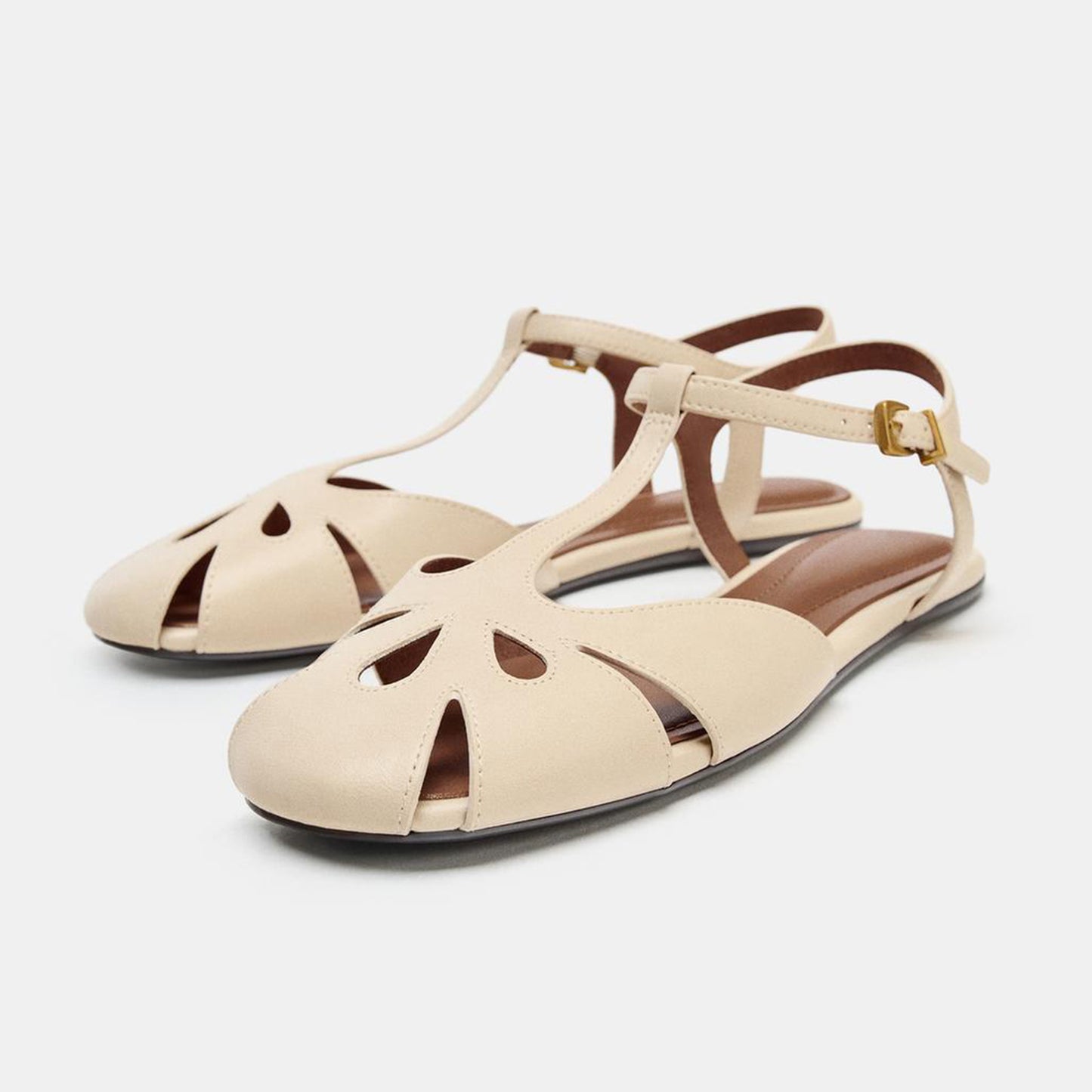 Off White Square-Toe Ankle Strap Fisherman-Style Sandals Flats