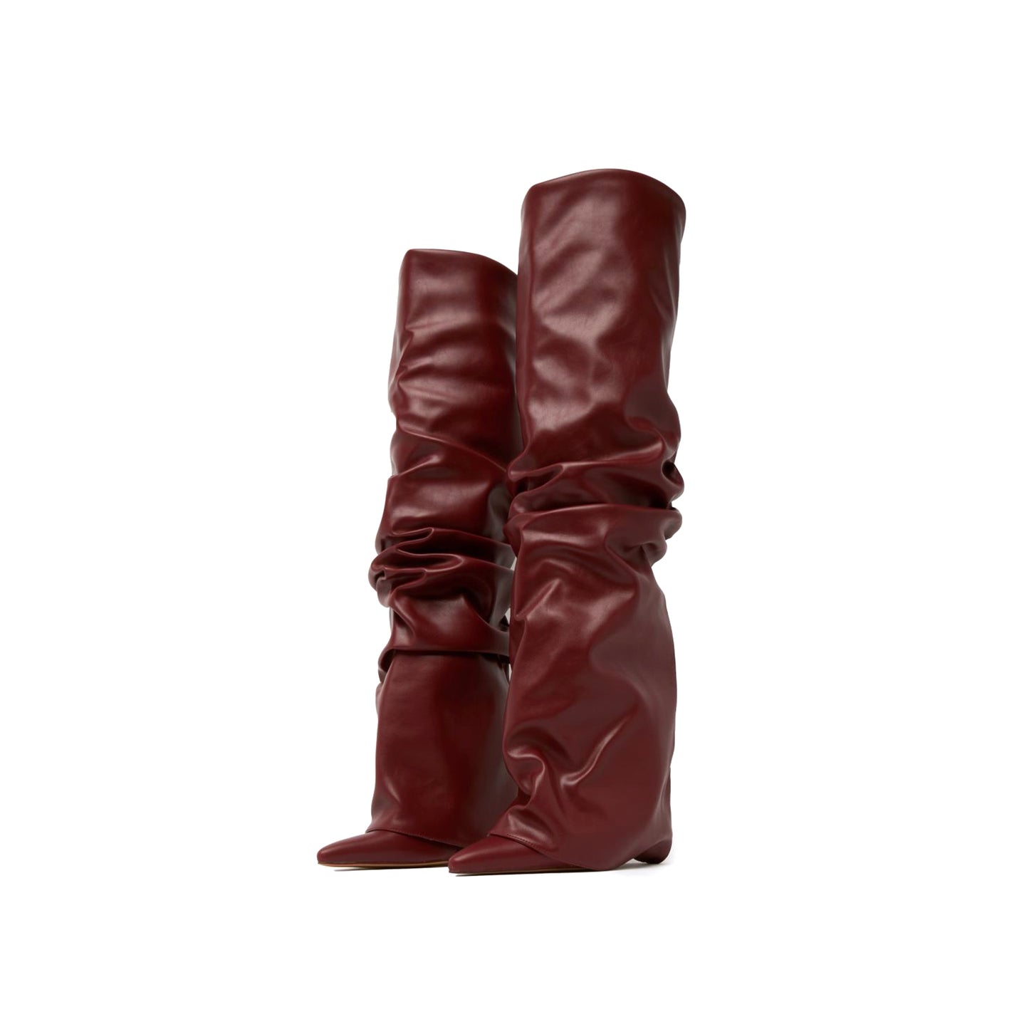 Burgundy Pointed-Toe Ruched Over-The-Knee Stiletto Boots