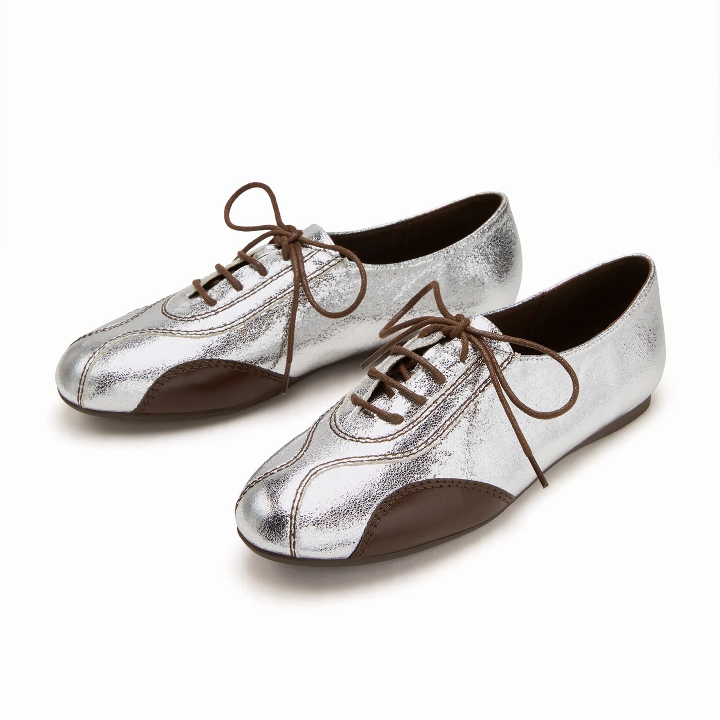 Metallic Silver Round-Toe Chic Lace-Up Flats Sneakers
