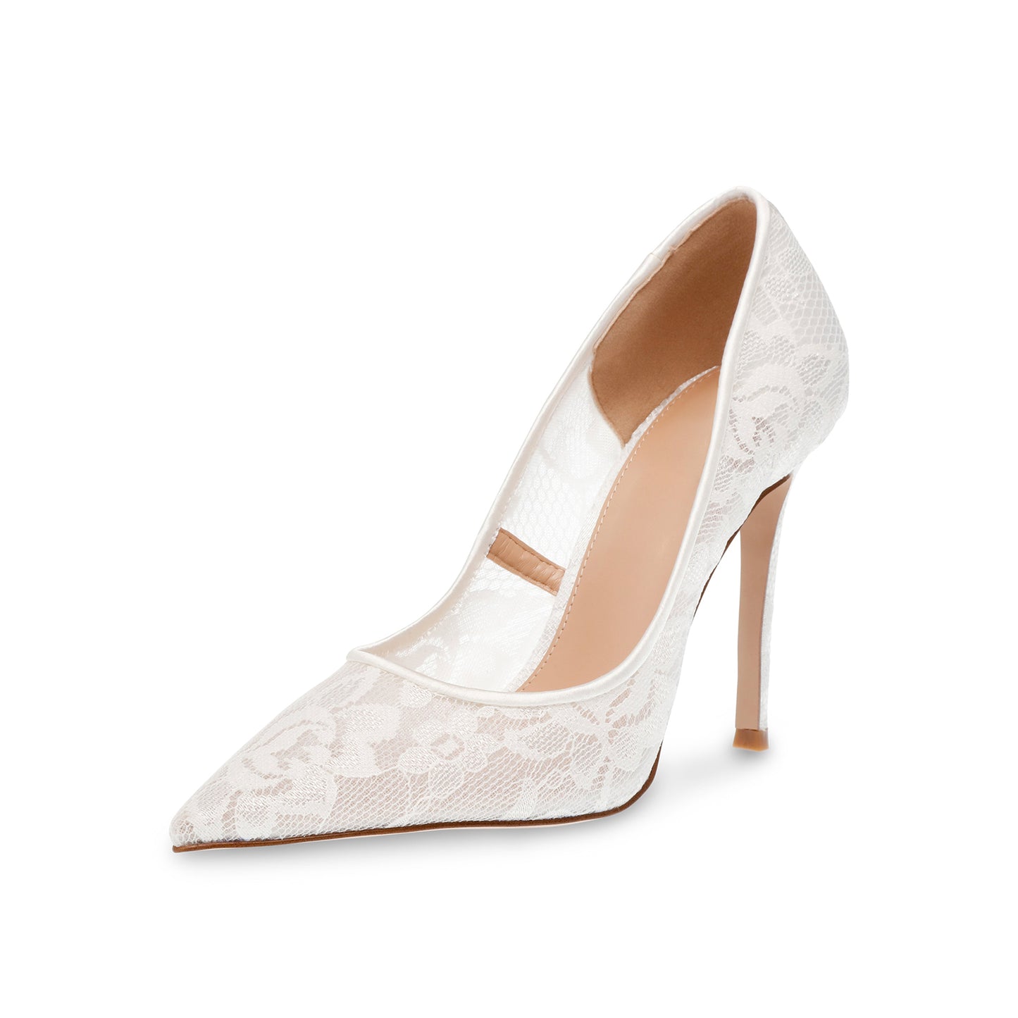 White Lace Mesh And Satin Classic Pointed-Toe Slip-On High Heels Pumps