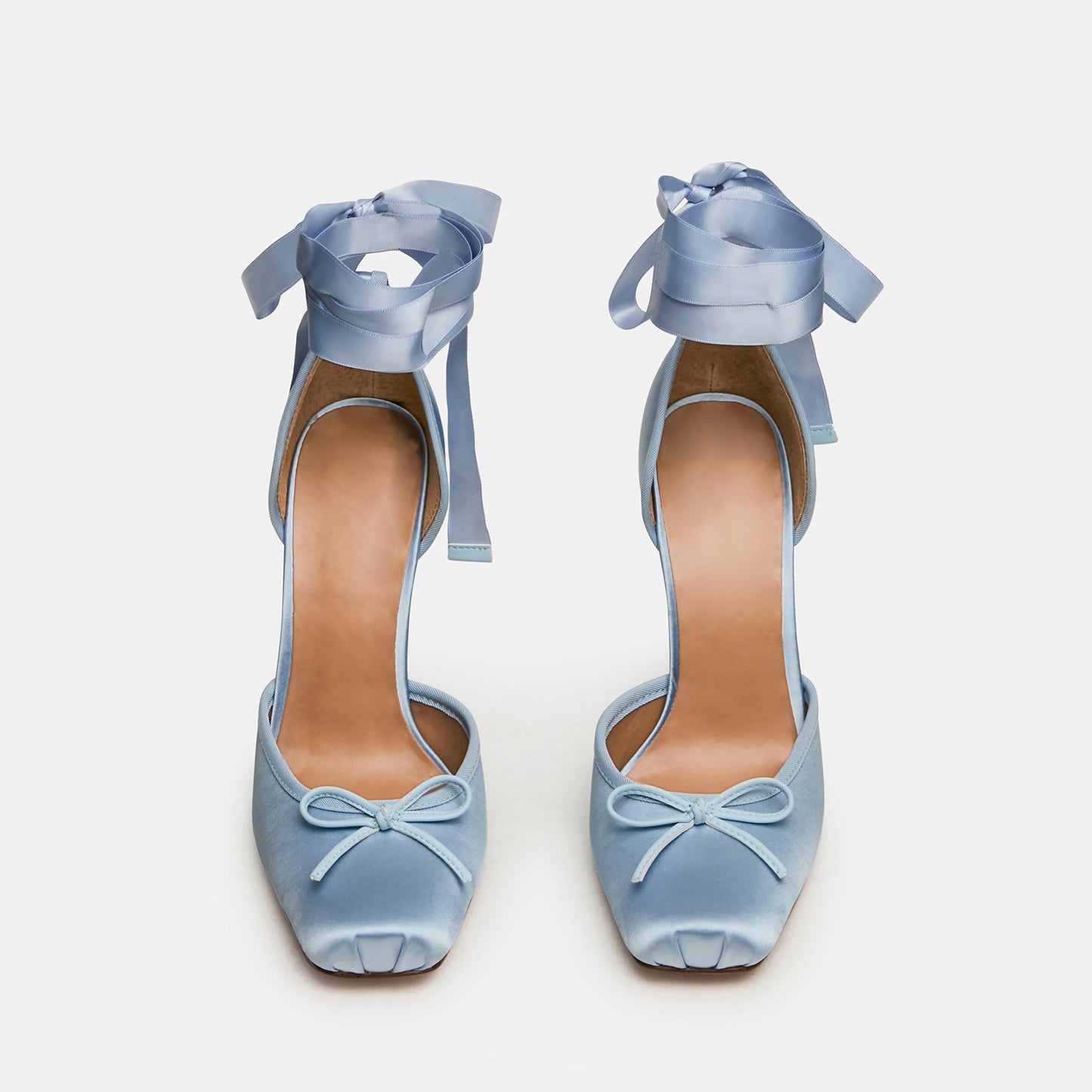 Blue Satin Square-Toe Front Bow Ankle Strap Slip-On High Heels