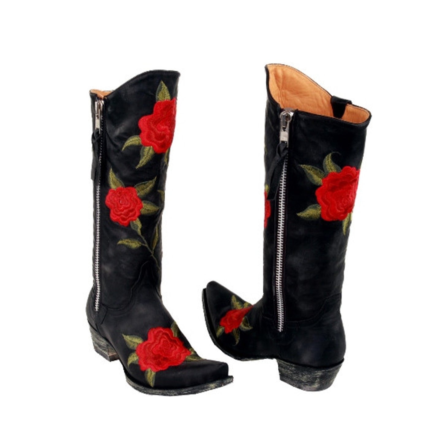 Black Snip-Toe Big Red Florals Embroidery Full-Zip Mid Calf Classic Cowgirl Boots