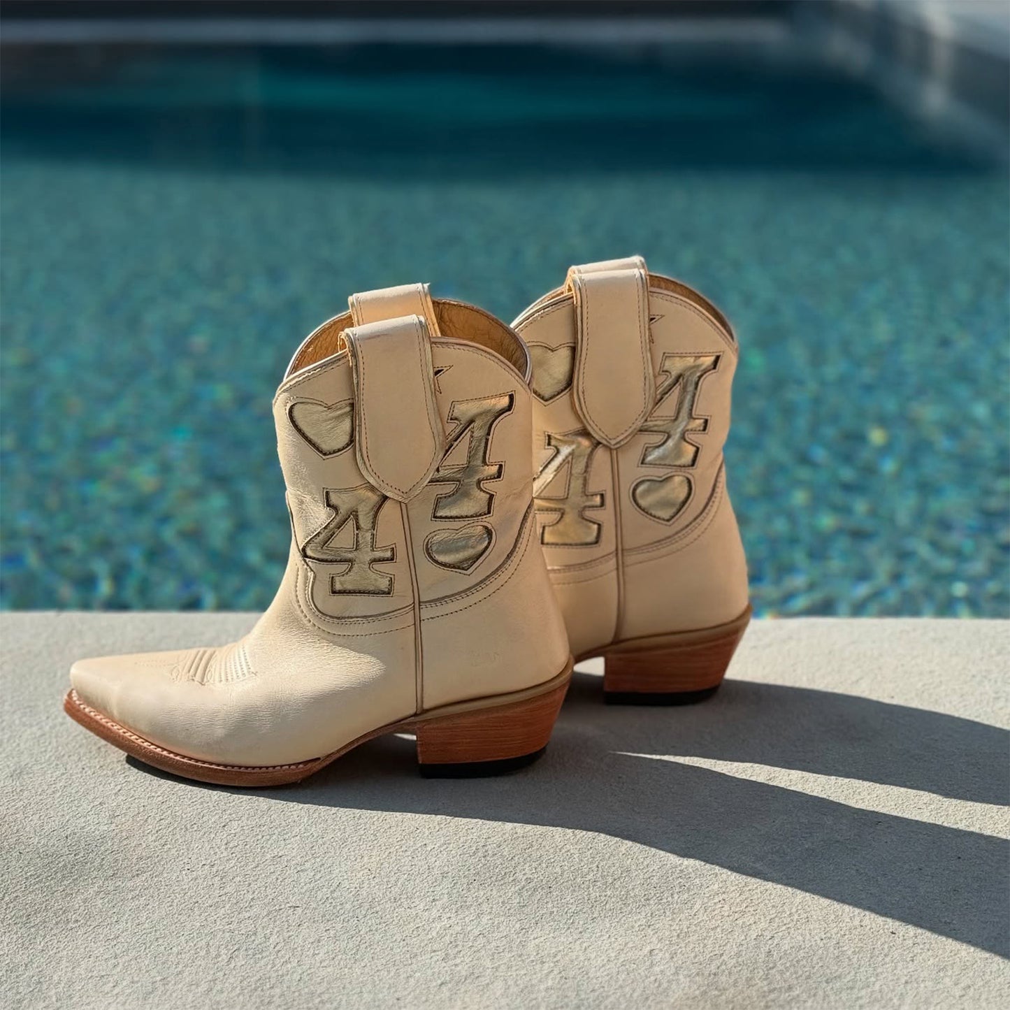 Offwhite Snip-Toe Hearts And Stars And “4” Inlay Ankle Cowgirl Boots