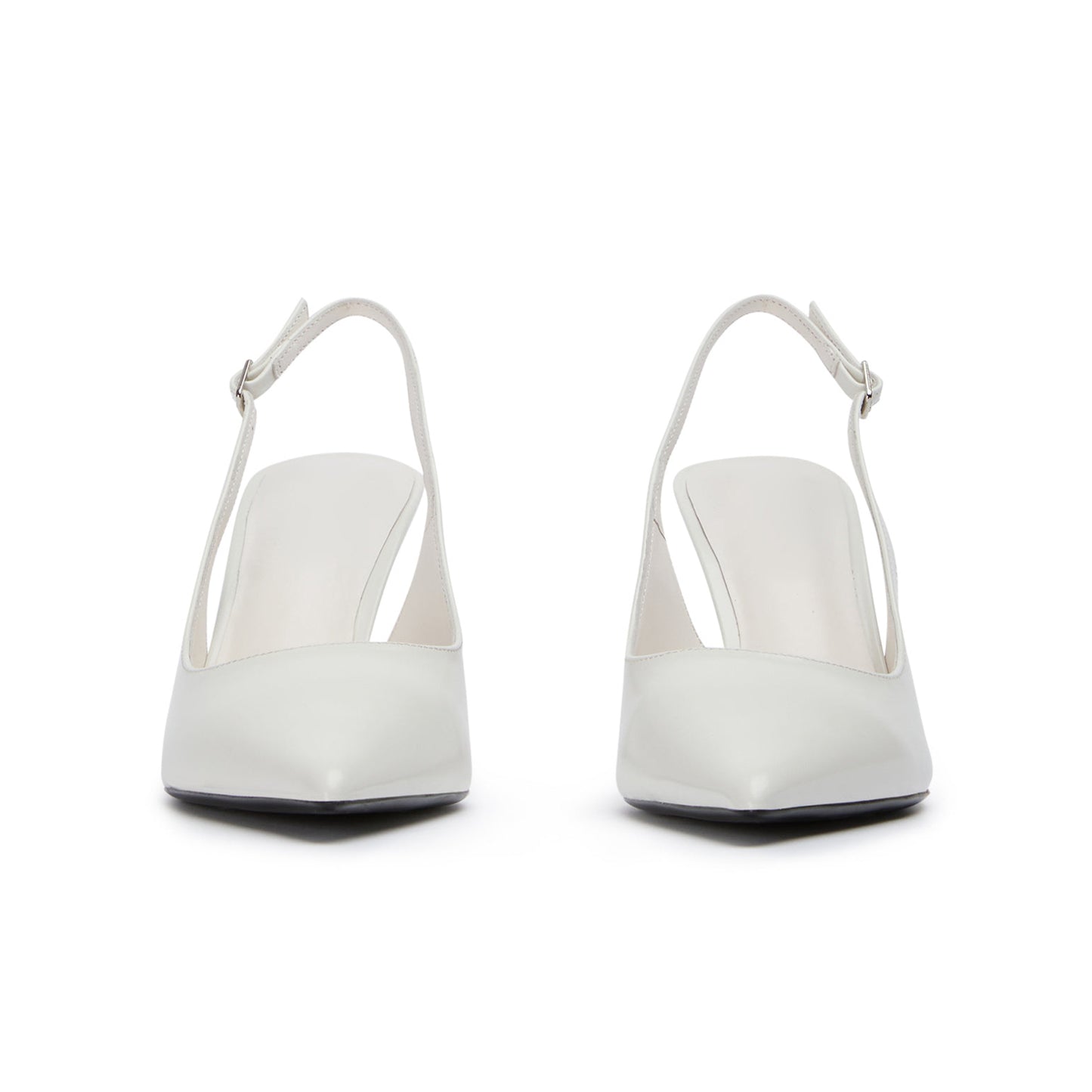 White Pointed-Toe Classic Buckle Slingback Kitten Heels