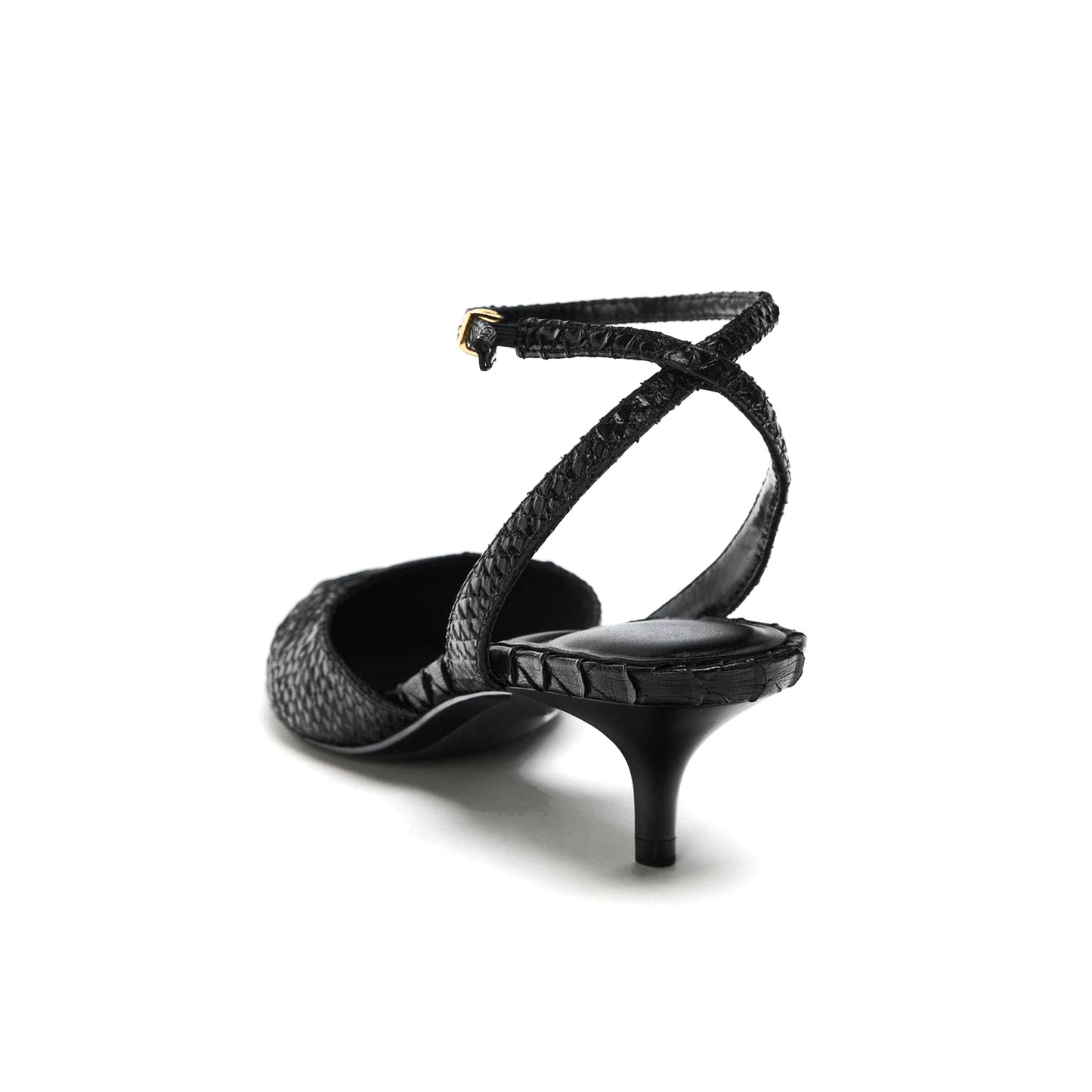 Black Snakeskin Print Pointed-Toe Ankle Strap Kitten Heels