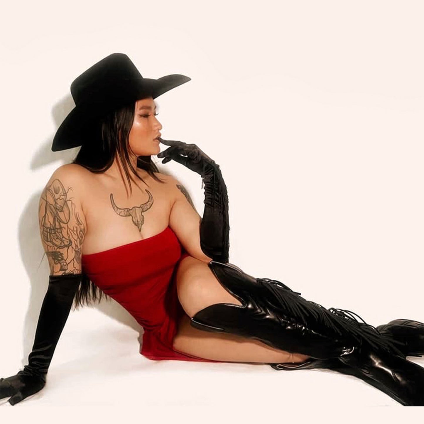 Black Snip-Toe Embroidery Side Fringe Half-Zip Knee High Cowgirl Boots