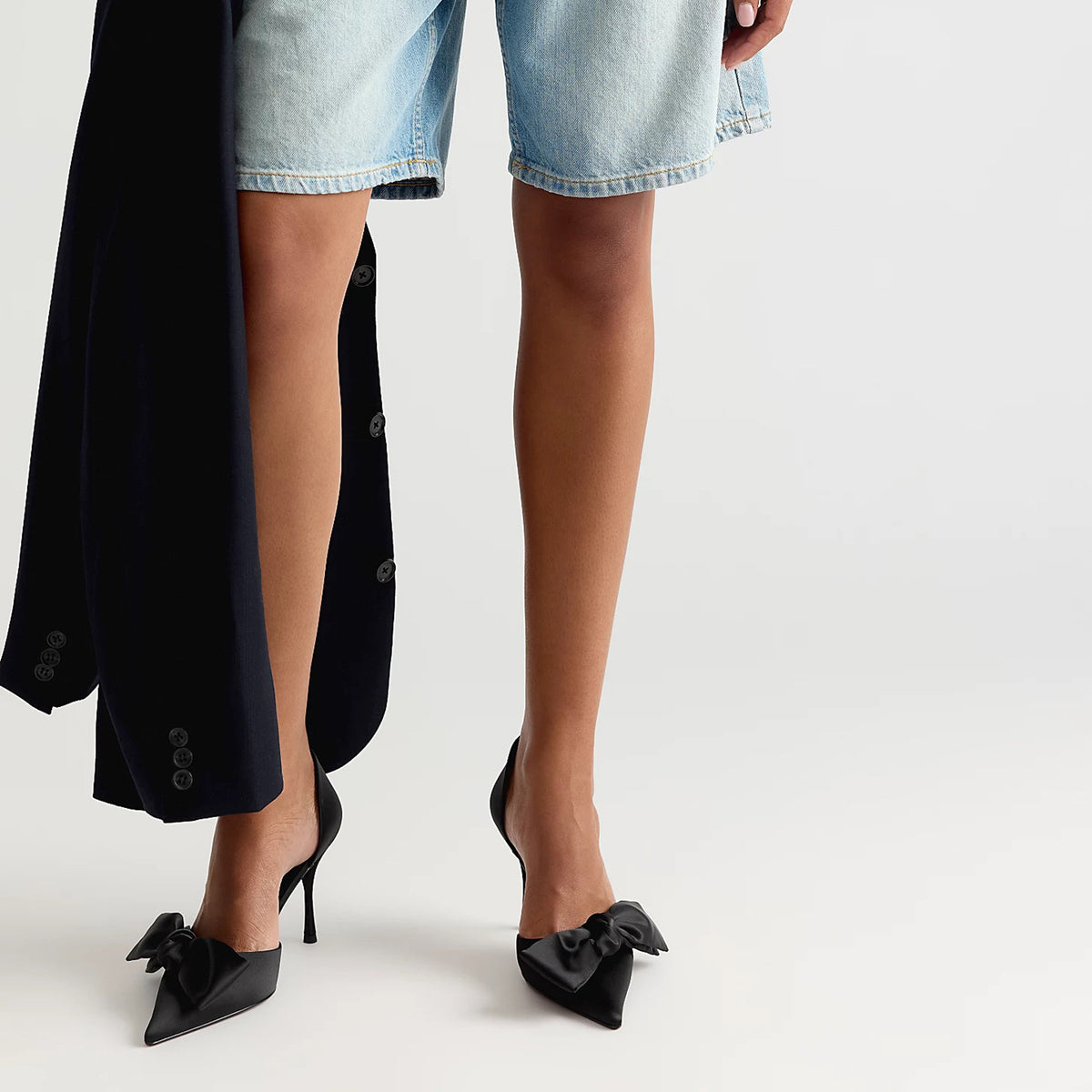 Black Satin Pointed-Toe Slip-On Pumps High Heels With Front Bow