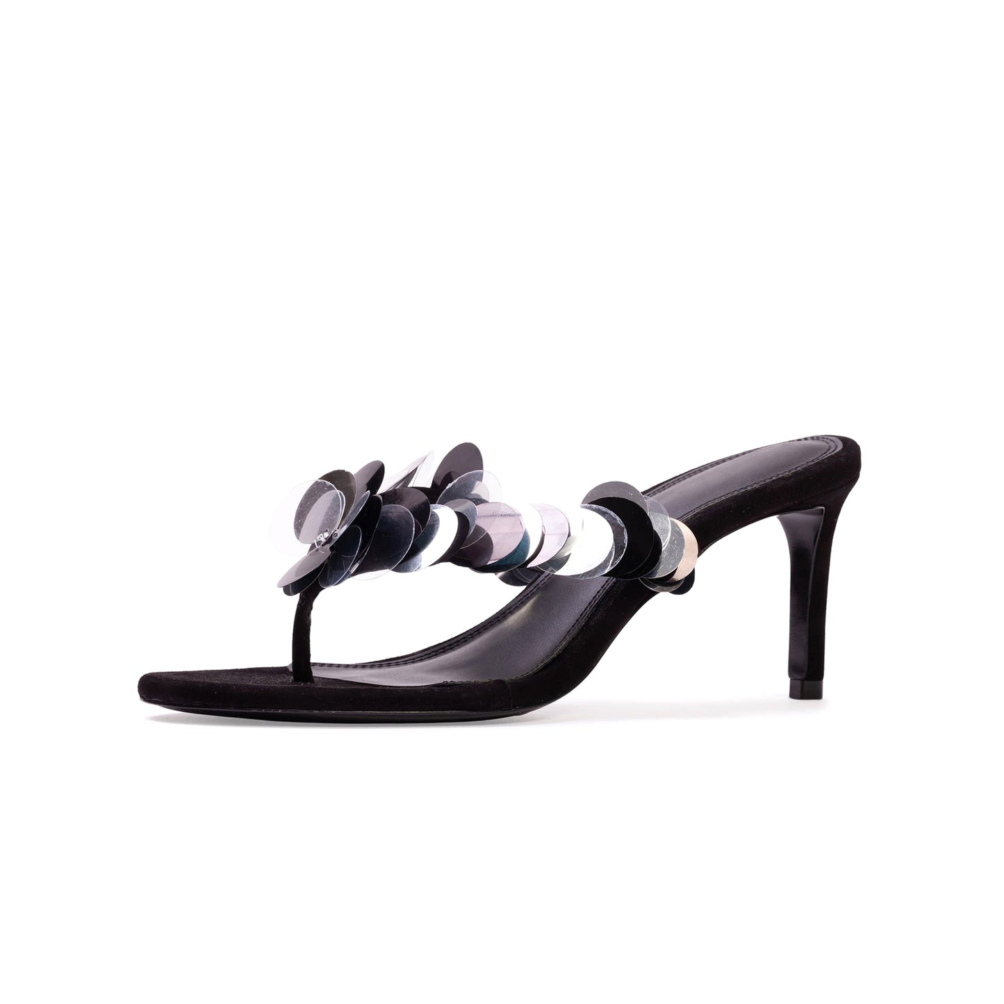 Black Sequin Faux Suede Round-Toe Backless Kitten Heels