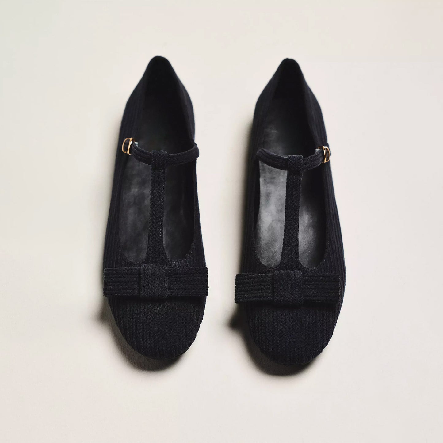 Black Striped Flannel Fabric Round-Toe T-Strap Ballet Flats