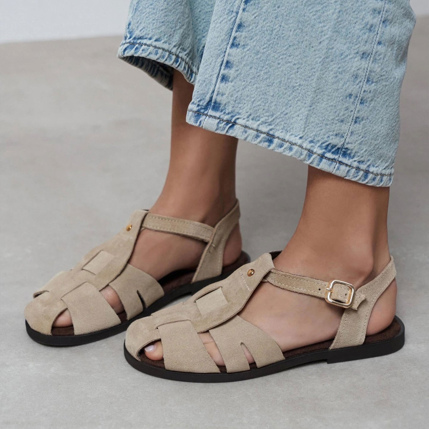 Beige Cow Suede Round-Toe Caged Detail Buckle Sandals Flats