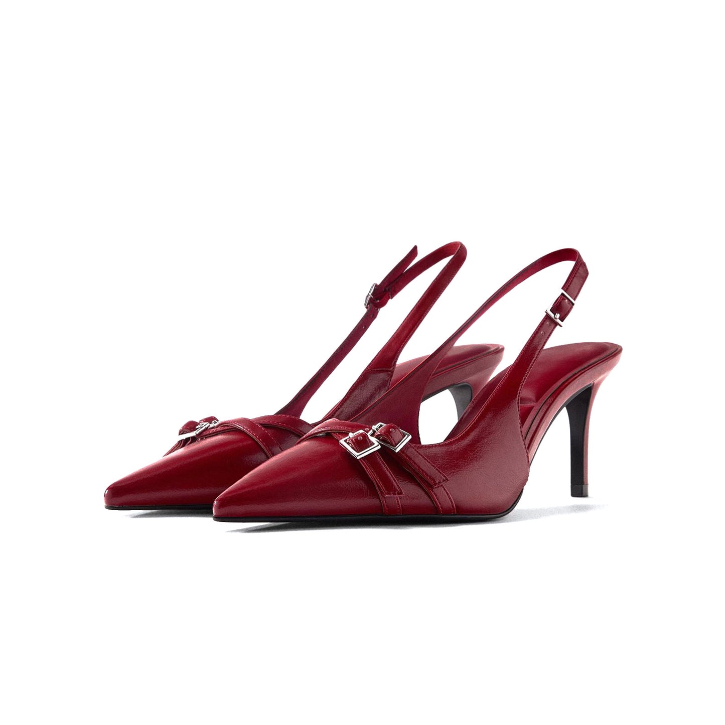 Red Pointed-Toe Front Double Buckle Straps And Back Strap Kitten Heels