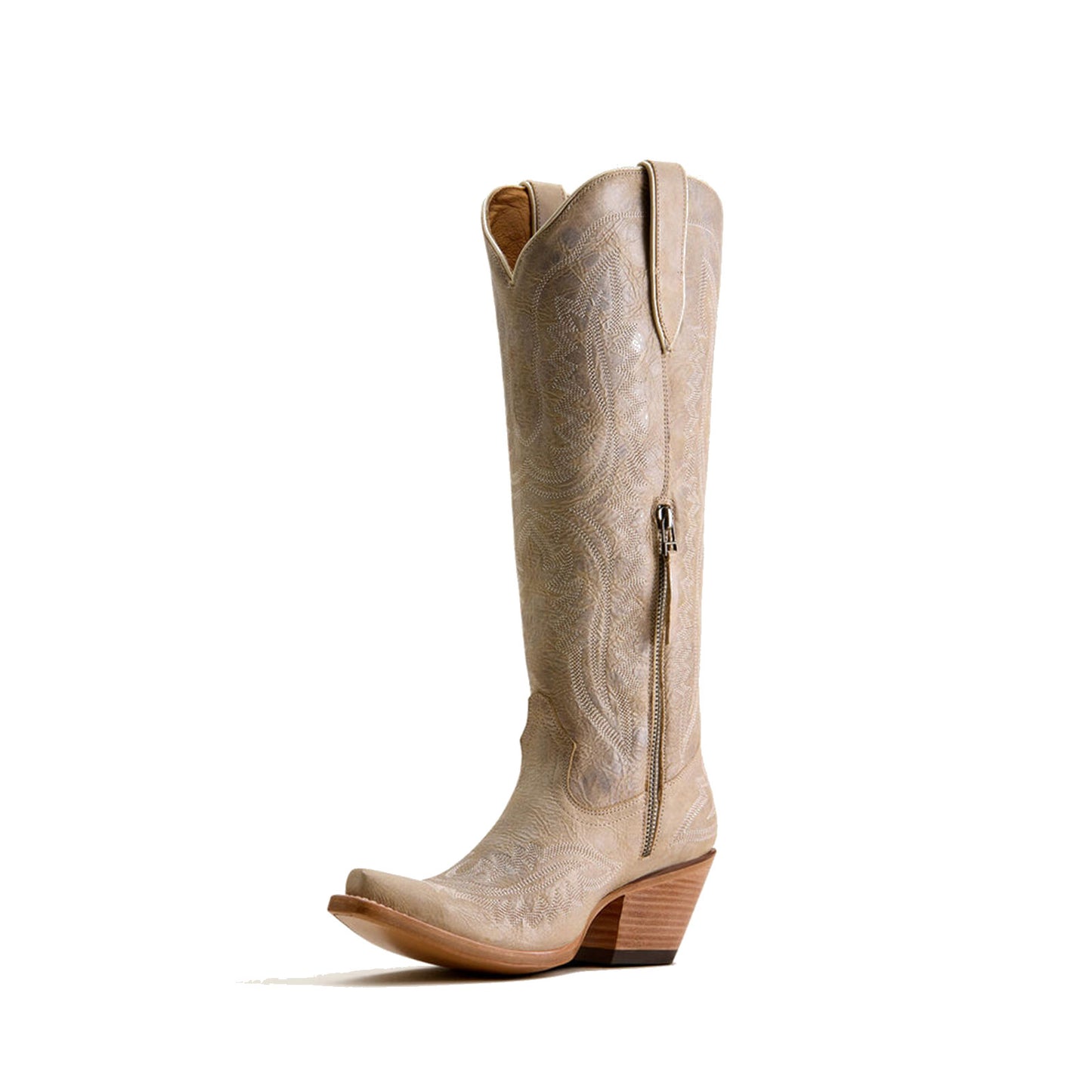 Distressed Bone Snip-Toe Intricate Embroidery Half-Zip Knee High Cowgirl Boots
