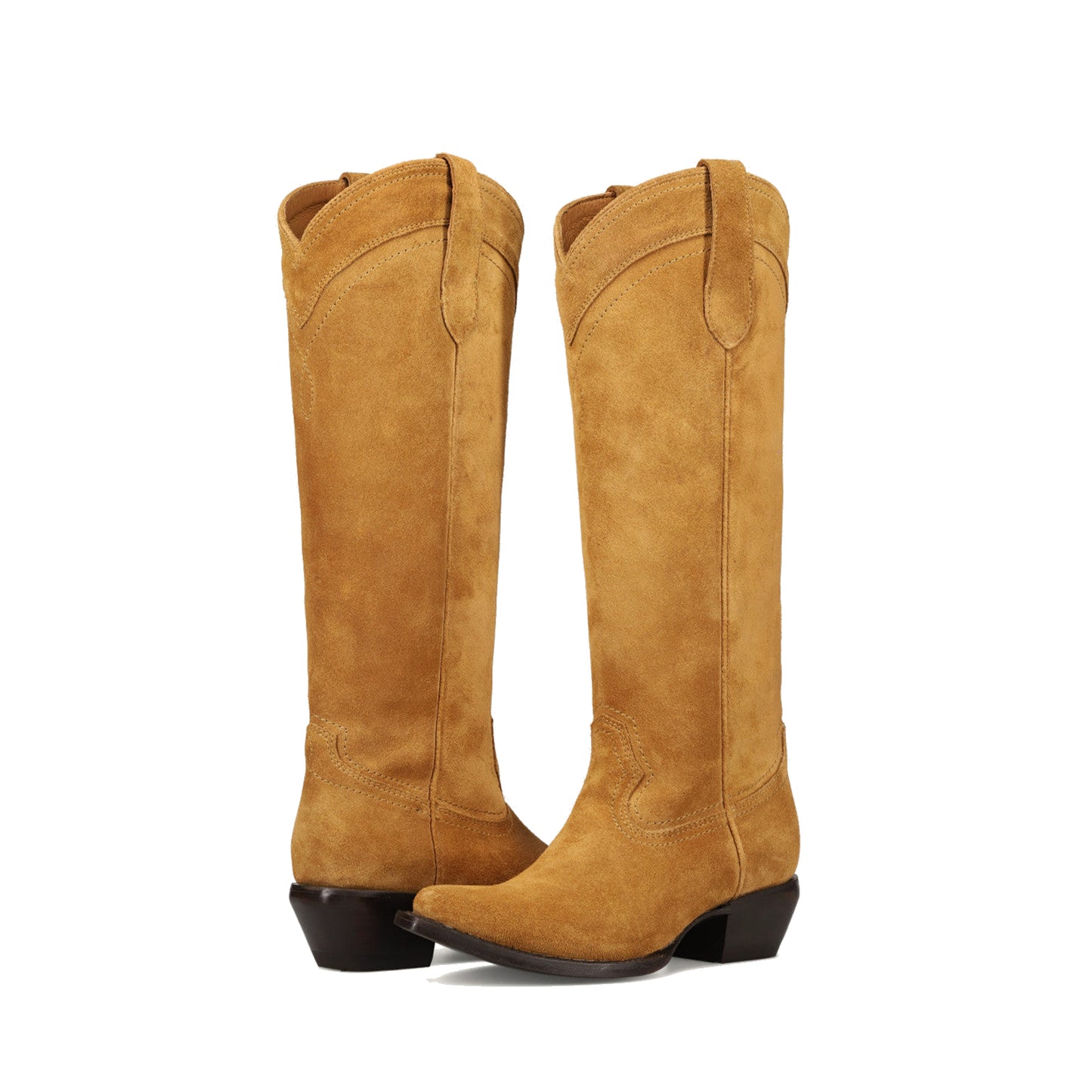 Camel Faux Suede Almond-Toe Sleek Wide Calf Knee High Simple Cowgirl Boots