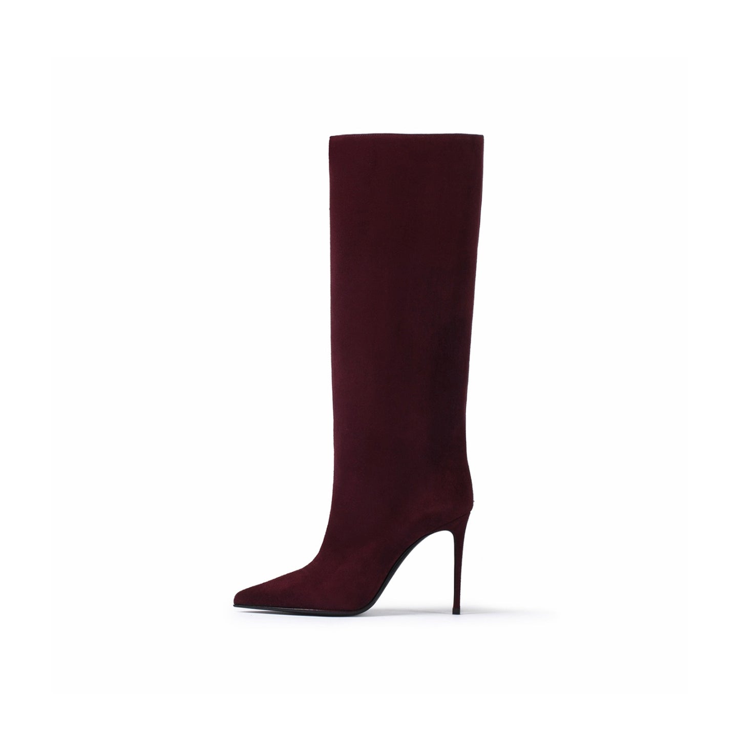 Cherry Red Faux Suede Pointed-Toe Simple Wide Calf Knee High Tall Stiletto Boots