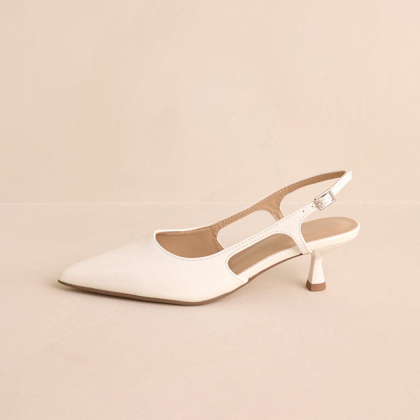 Patent White Pointed-Toe Classic Slingback Kitten Heels