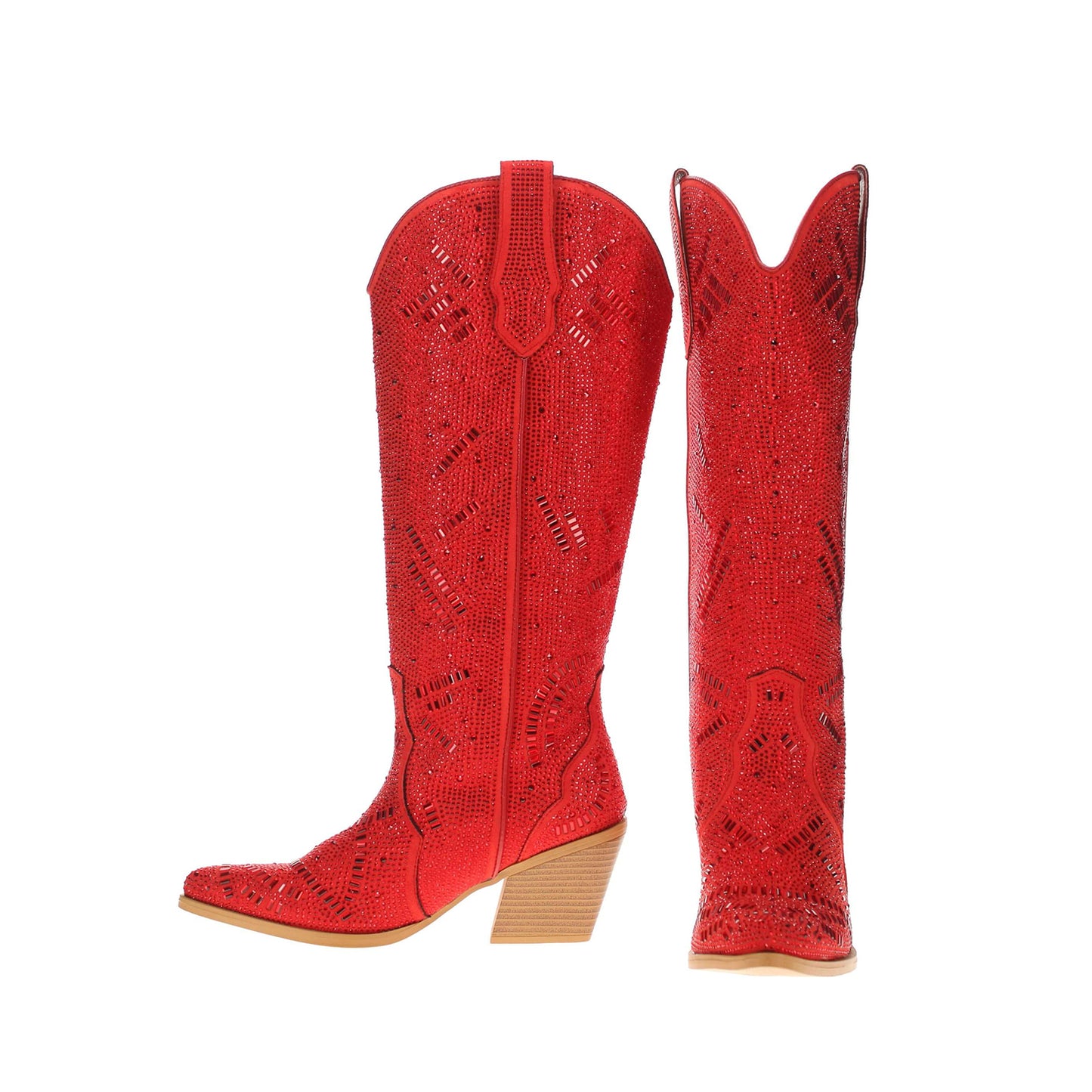 Red Faux Suede Pointed-Toe Full Crystals Wide Calf Knee High Cowgirl Boots