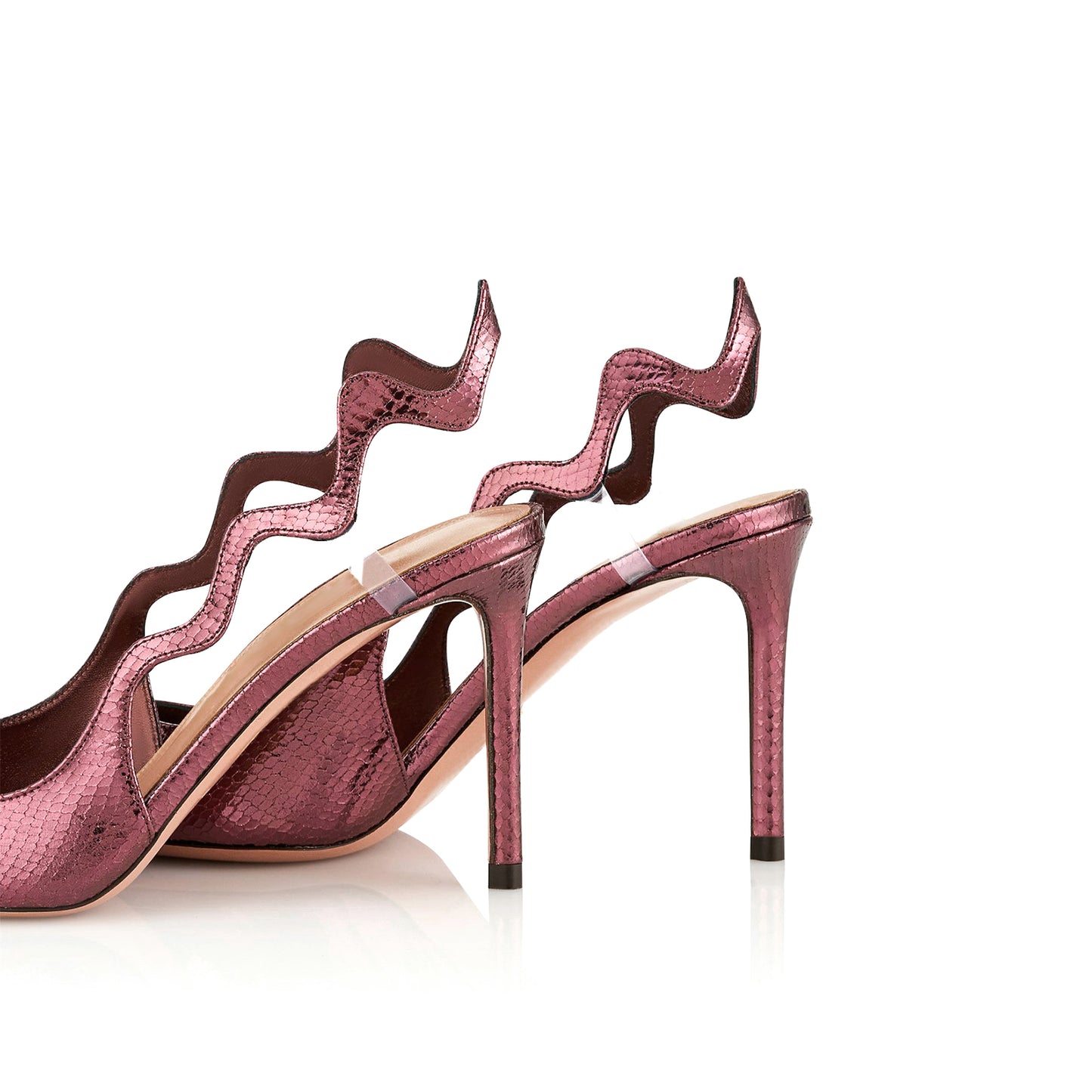 Metallic Wine Red Snakeskin Pointed-Toe Undulating Slingback High Heels