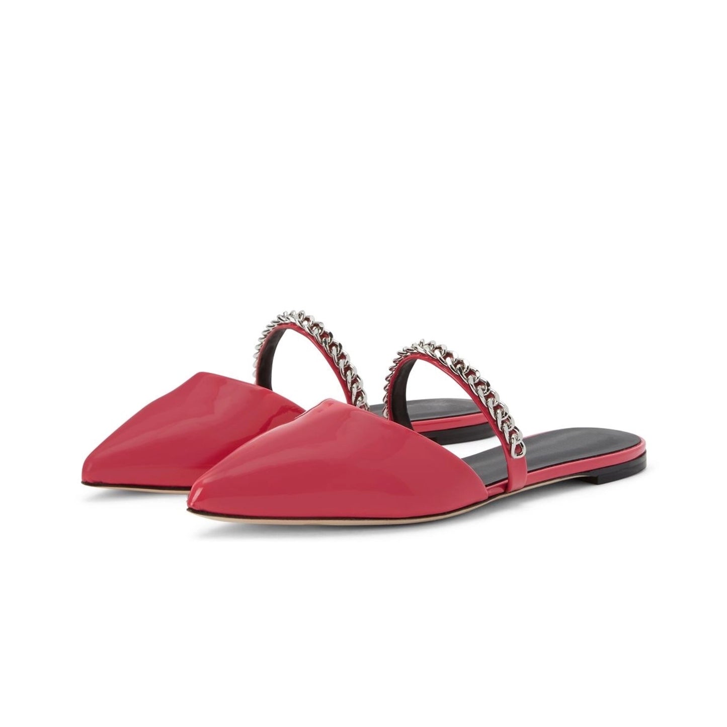 Patent Red Pointed-Toe Bridge Strap With Silver Chain Backless Flats