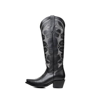 Black Snip-Toe Rhinestone Embroidery Half-Zip Knee High Cowgirl Boots