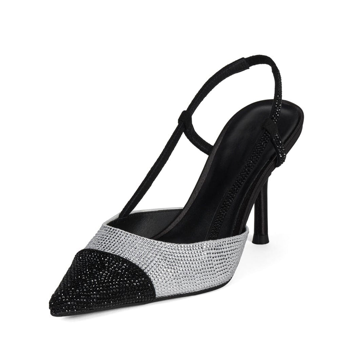 White And Black Faux Suede Pointed-Toe Back Strap High Heels