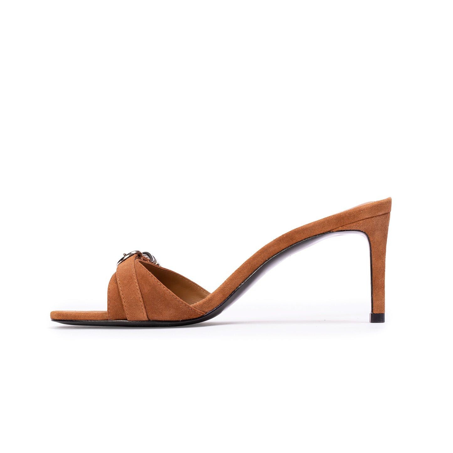 Caramel Faux Suede Round-Toe Front Buckle Strap Backless High Heels