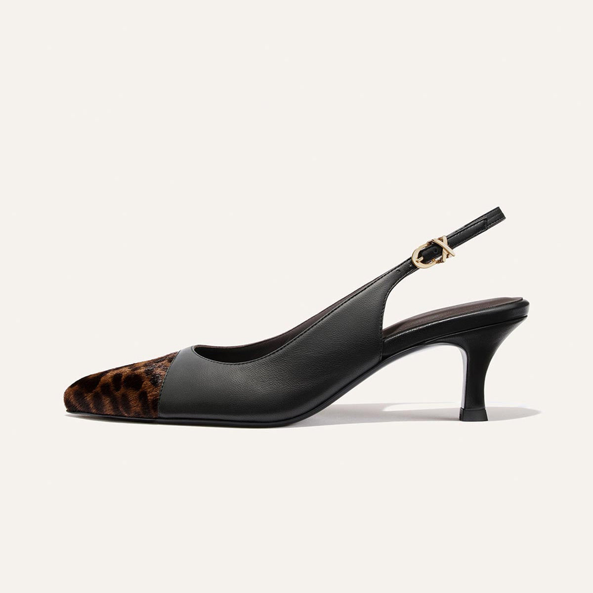 Black And Leopard Pattern Pointed-Toe Chic Back Strap Kitten Heels