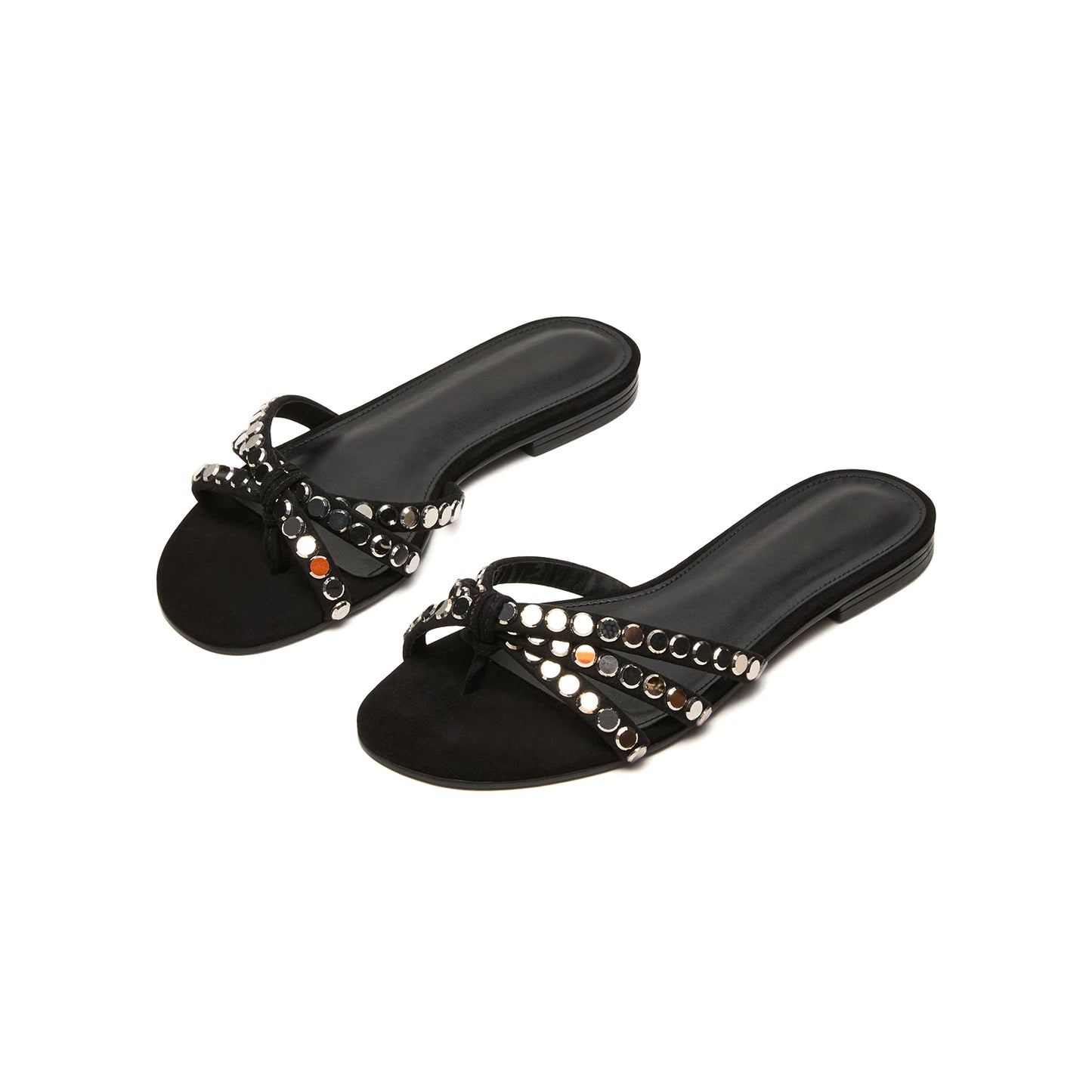 Black Faux Suede Square-Toe Front Strappy With Rhinestones Backless Flats