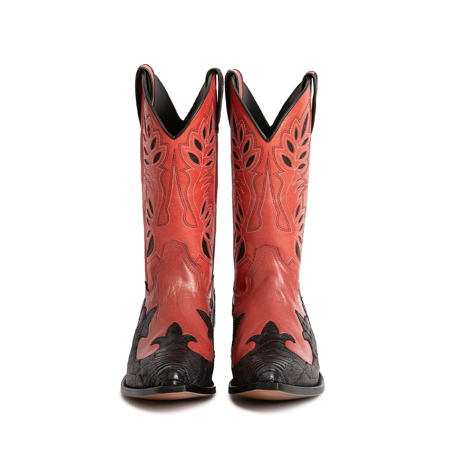 Contrast Red And Black Snakeskin Print Snip-Toe Inlays Mid Calf Cowgirl Boots