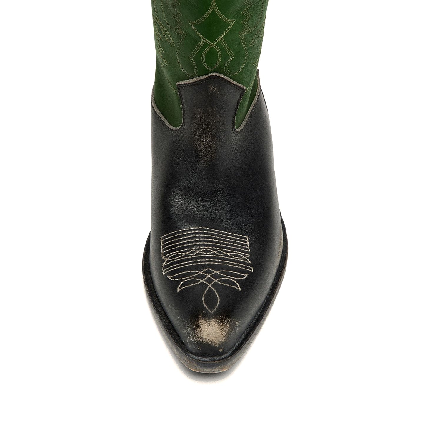 Contrast Green And Black Snip-Toe Chic Embroidery Wide Calf Knee High Cowgirl Boots