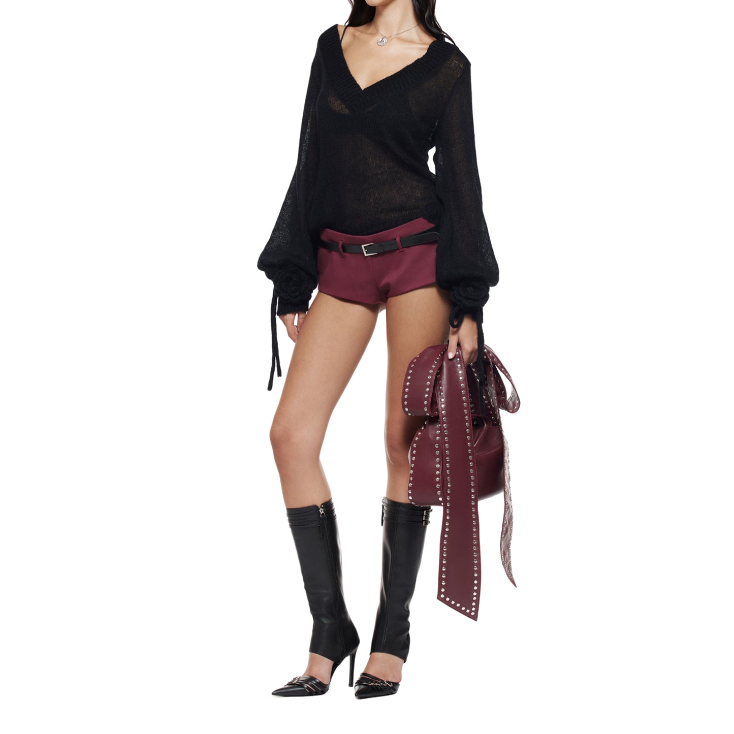 Black Pointed-Toe Buckle Straps Full-Zip Knee High Stiletto Boots